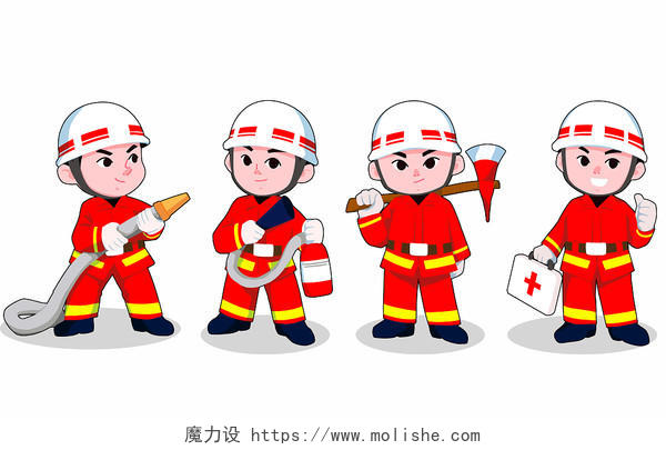 消防员Q版人物动作组合插画卡通人物